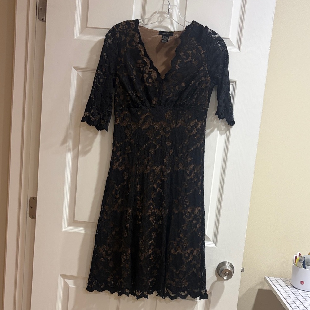 BCBGMaxAzria Black and Tan Lace Midi Dress
